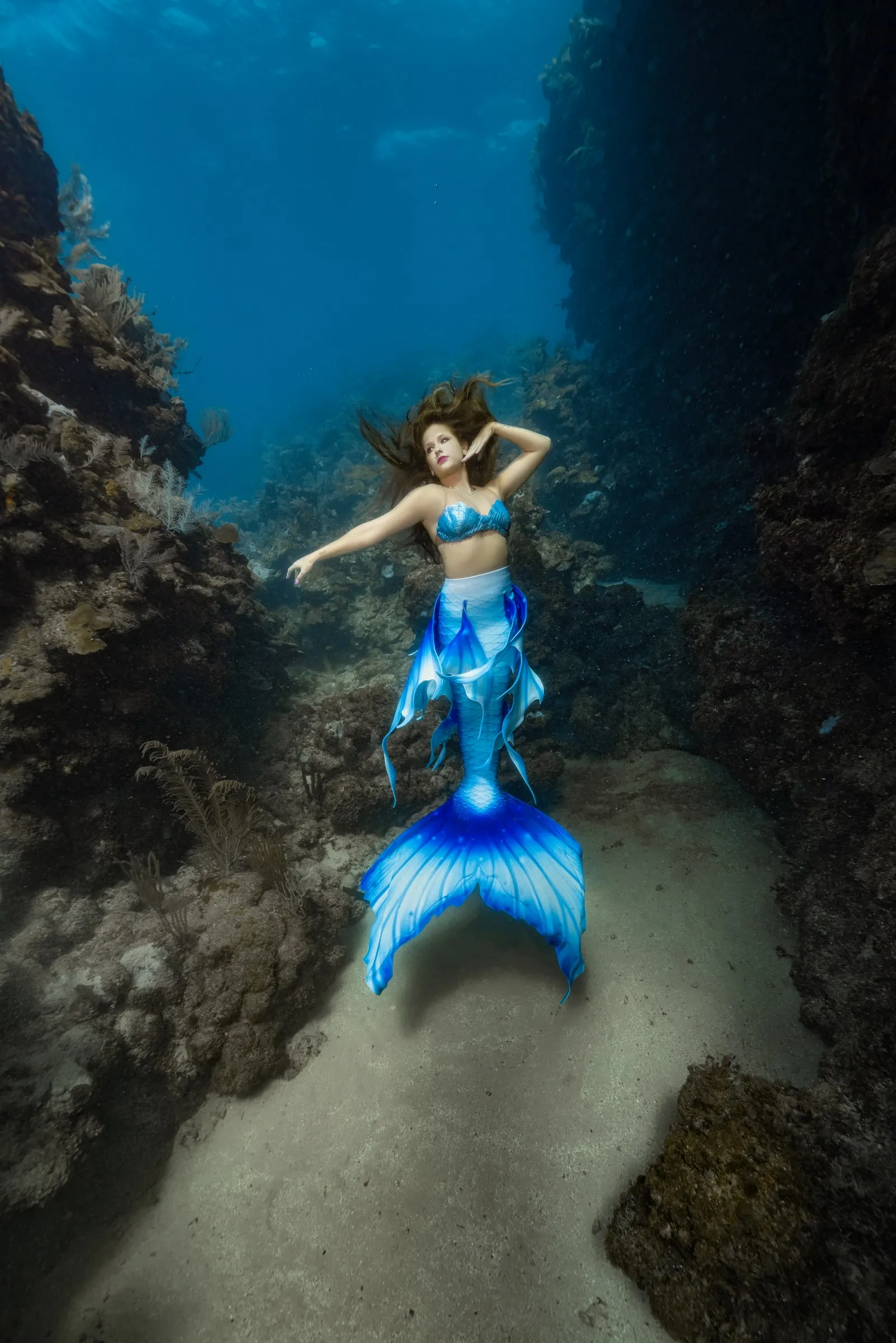 A mermaid in a blue tail floats between two tall reef walls above a sand channel, one hand at her head, sunlight on the water above her.