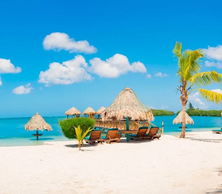 Thatched palapas and loungers on a white sand beach under a blue sky, the sea behind them.