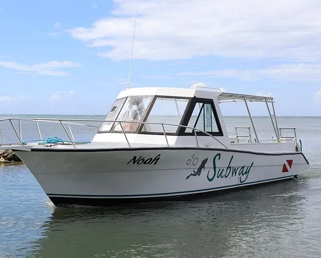 A white dive boat named Noah moored in the bay.