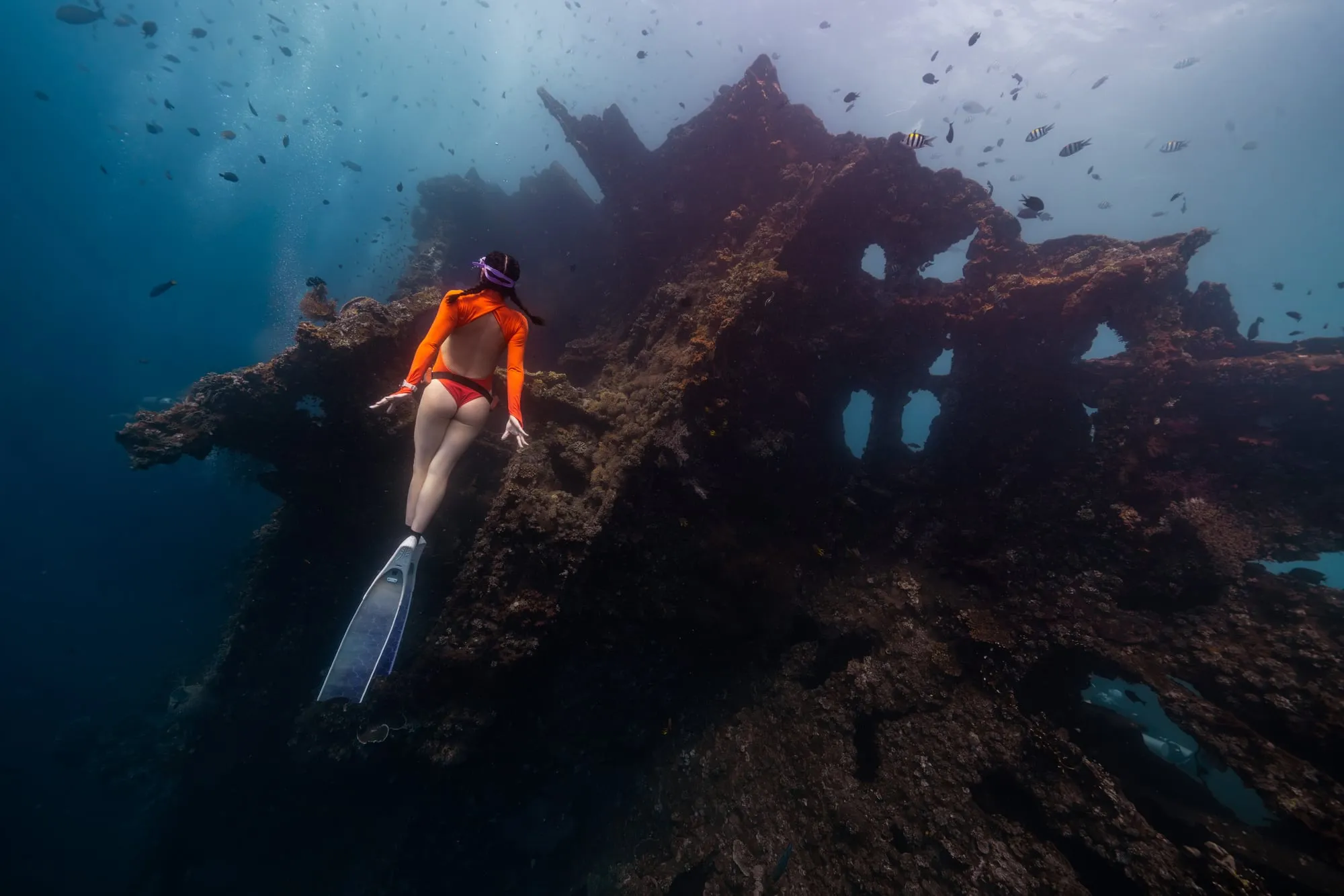 An orange-suited freediver swims up past a wreck, seen from behind, with fish scattered through hazy blue water.