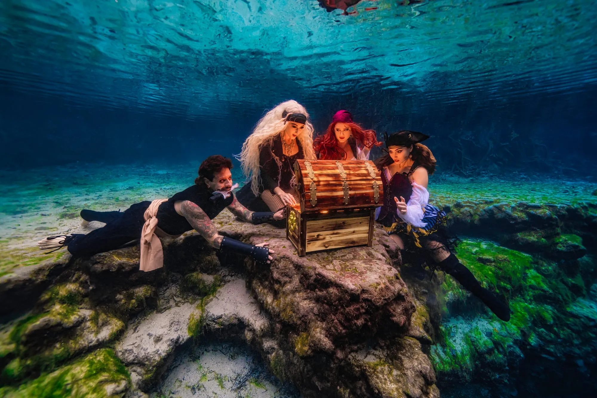 Four pirates in costume gather around a glowing treasure chest on a rock in a clear spring.