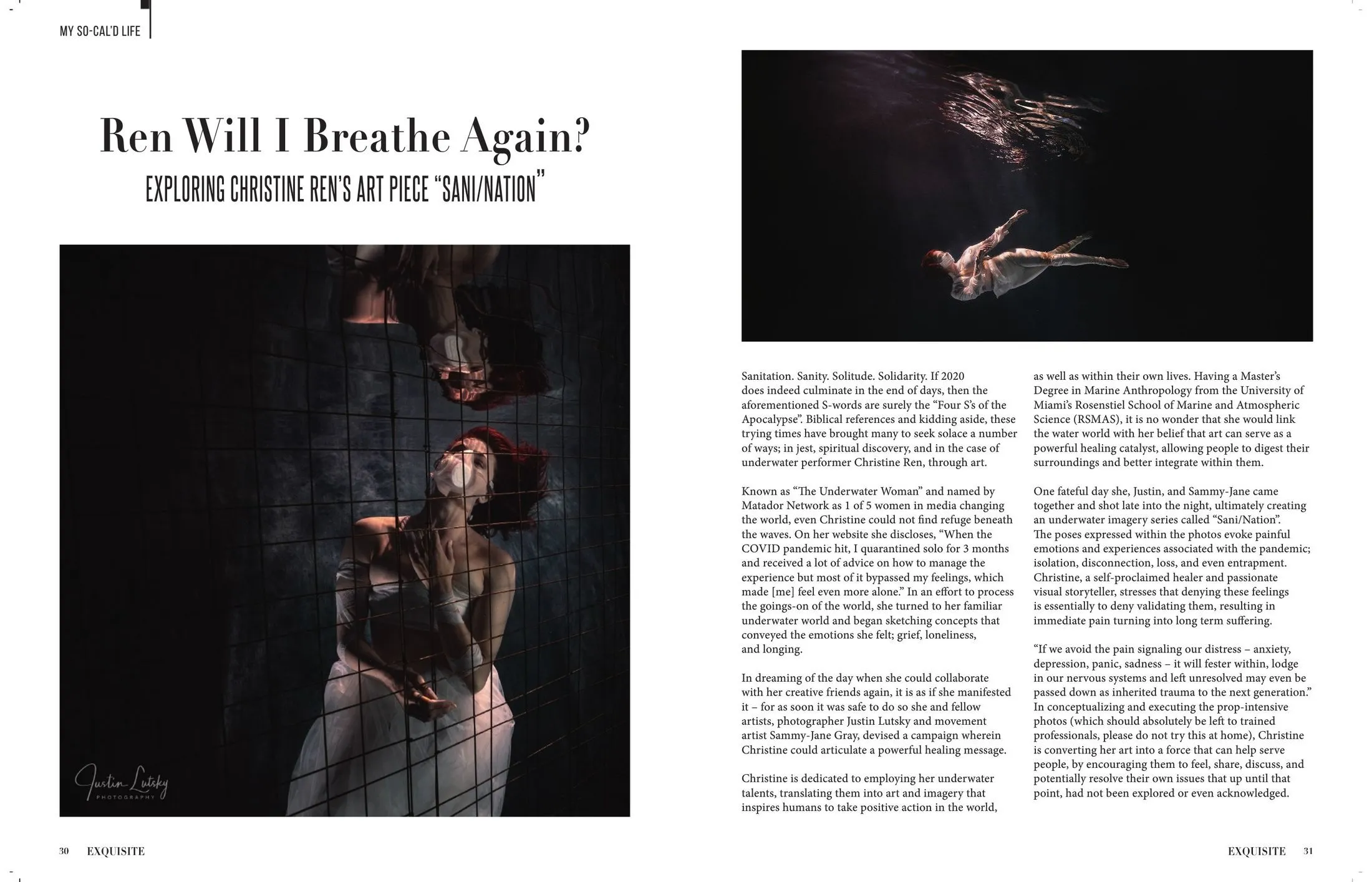 Pages 30 and 31 of "Ren Will I Breathe Again?" in Exquisite International, Volume 1, Issue 3, as printed.