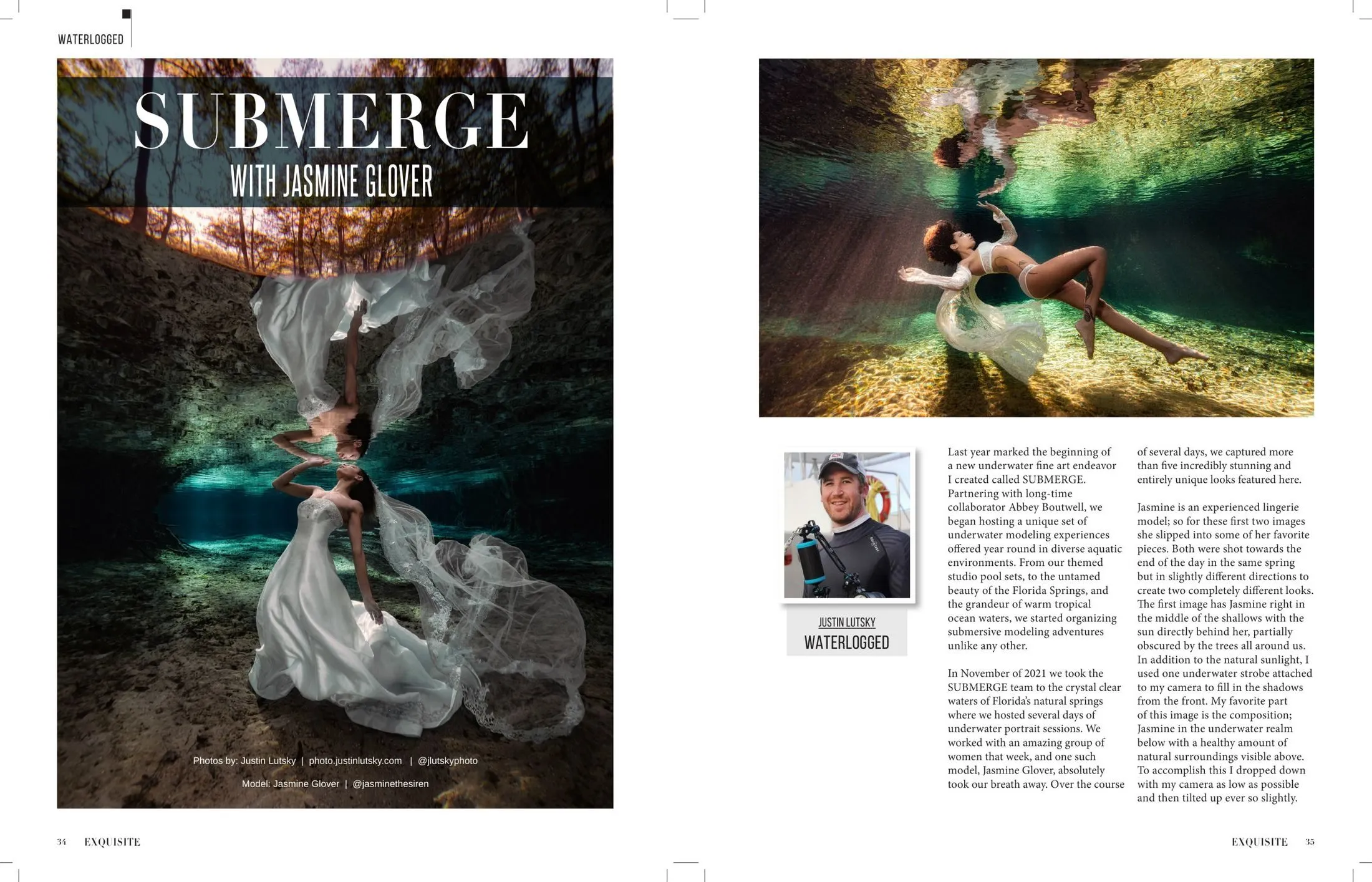 Pages 34 and 35 of "Submerge with Jasmine Glover" in Exquisite International, Volume 1, Issue 6, as printed.