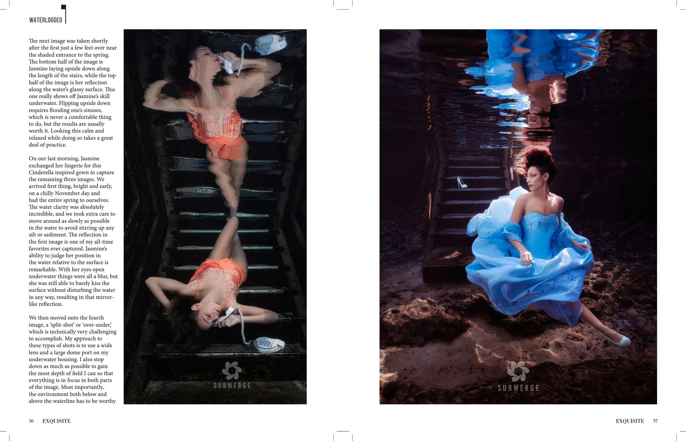 Pages 36 and 37 of "Submerge with Jasmine Glover" in Exquisite International, Volume 1, Issue 6, as printed.