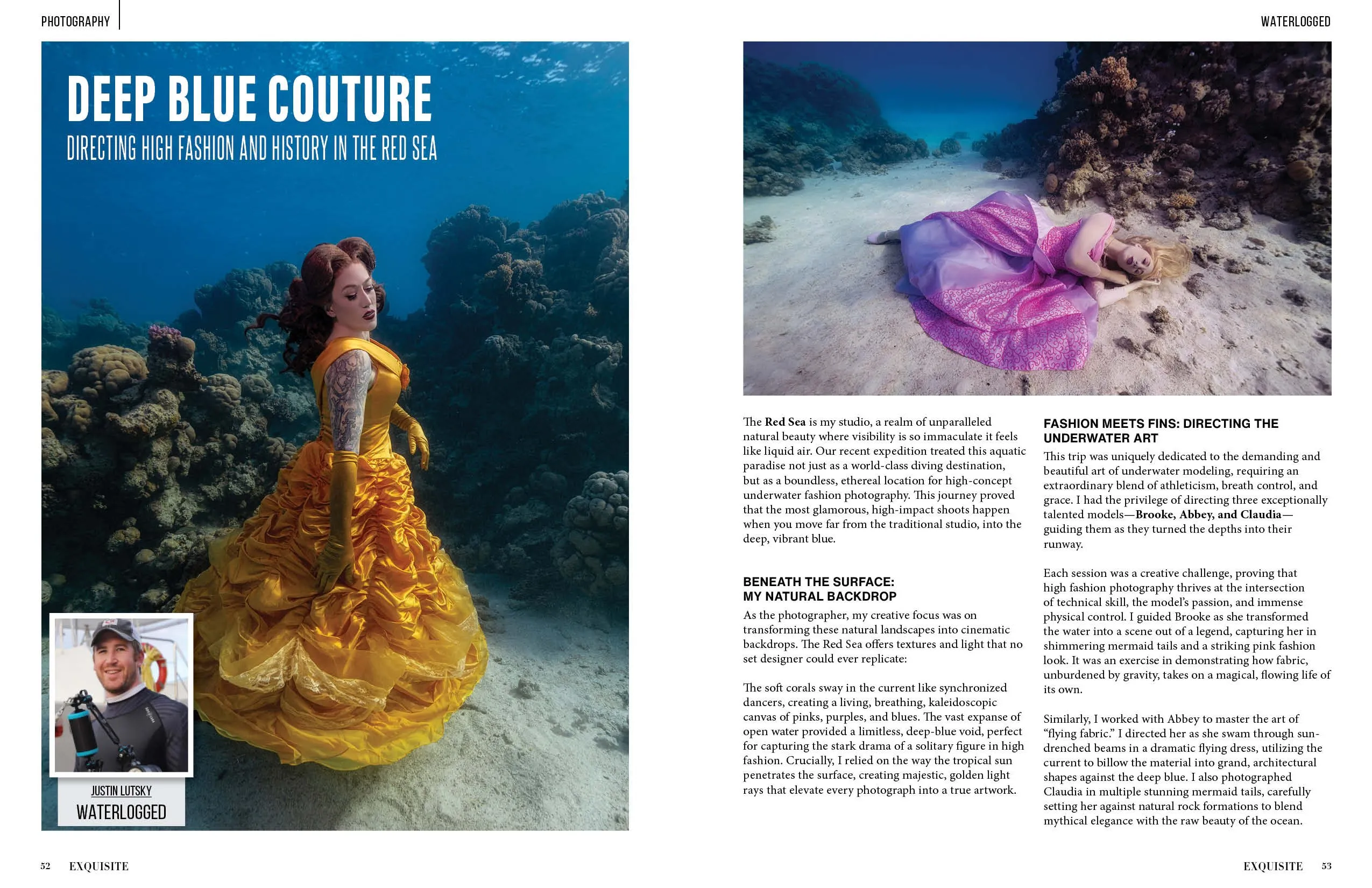 Pages 52 and 53 of "Deep Blue Couture" in Exquisite International, Volume 6, Issue 2, as printed.