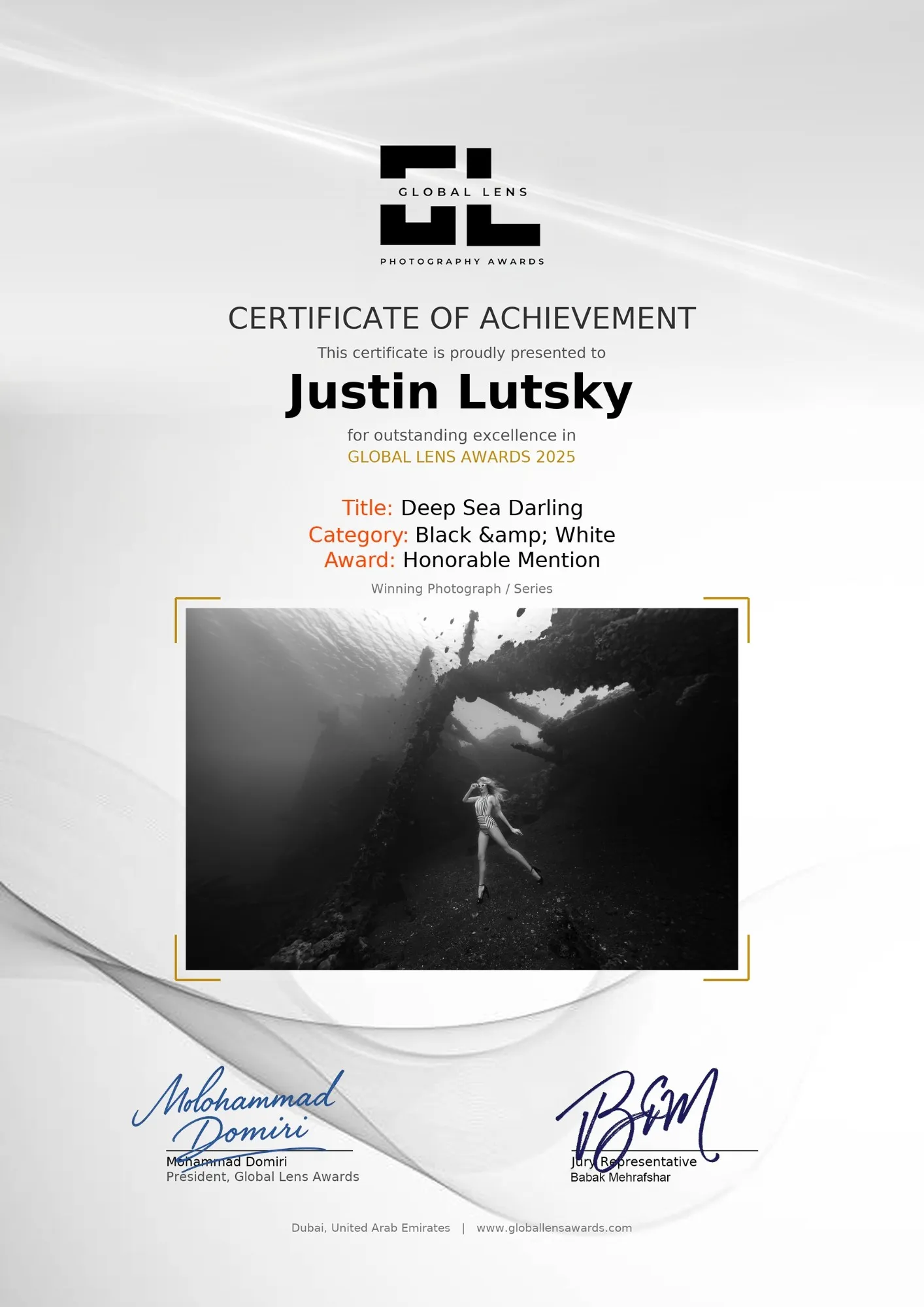 Global Lens Awards 2025 certificate of achievement to Justin Lutsky for Deep Sea Darling, Black and White, Honorable Mention.