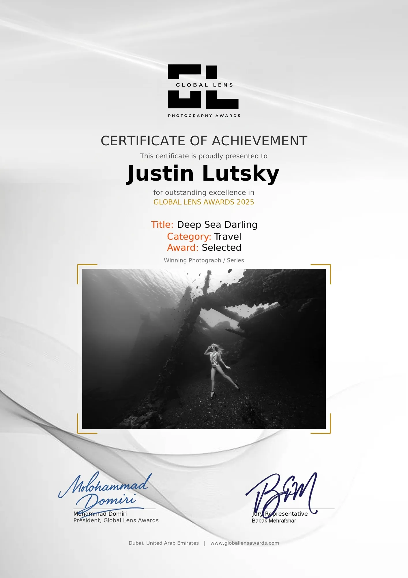 Global Lens Awards 2025 certificate of achievement to Justin Lutsky for Deep Sea Darling, Travel, Selected.