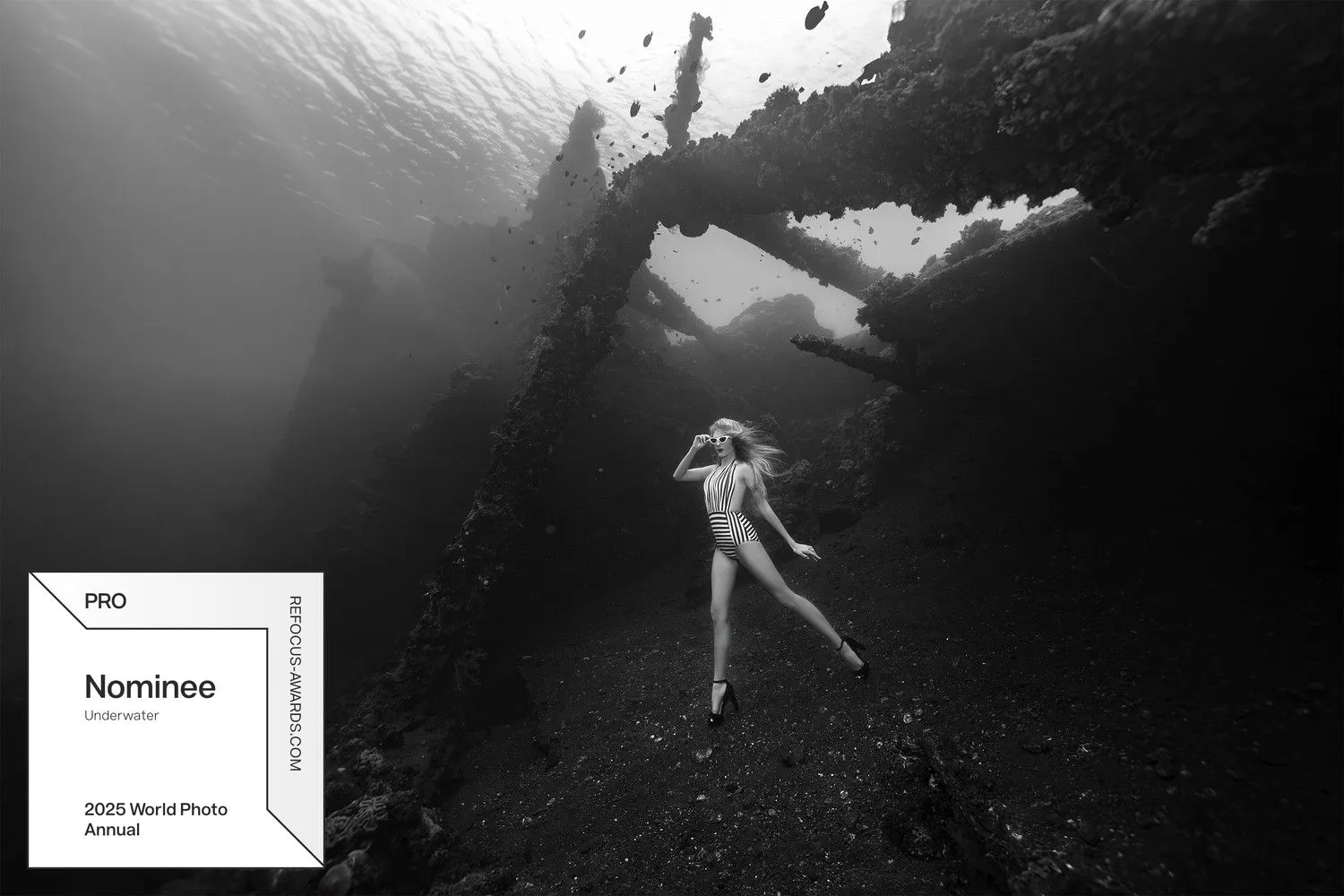 Black and white: a model in a striped swimsuit and heels walks the seabed beneath the Liberty wreck, with the reFocus Awards Nominee badge in the corner.